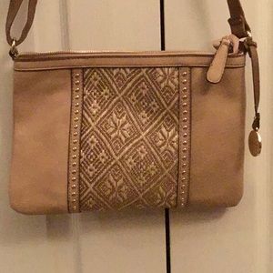 NWOT Nicole Miller bag, adjustable strap. Camel color with pretty front detail.